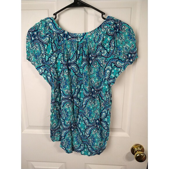 St Johns Bay Woman Pm Blouse Aqua Paisley Pleated Pullover Cap S/S - Picture 8 of 8